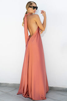 Vestido maxi longo elegante de cetim: decote halter sem costas