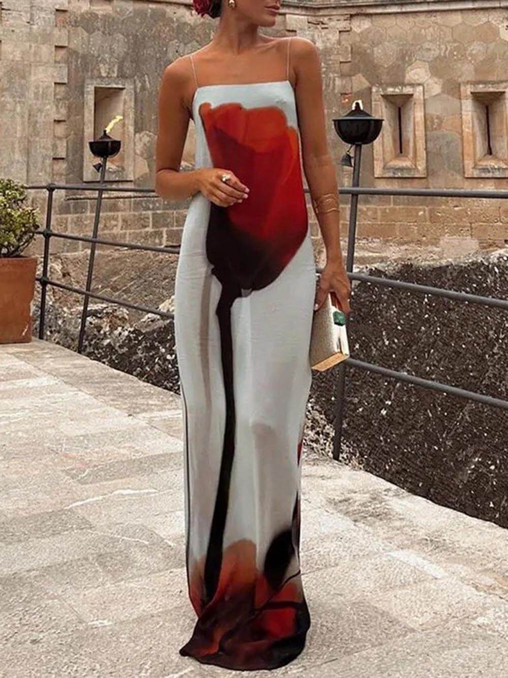 Vestido maxi com estampa de tulipa abstrata de férias e linha H