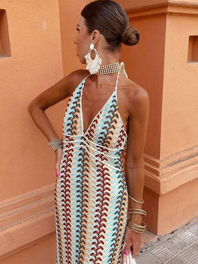 Vestido Backless Boho Padrão Malha Slim-Fit