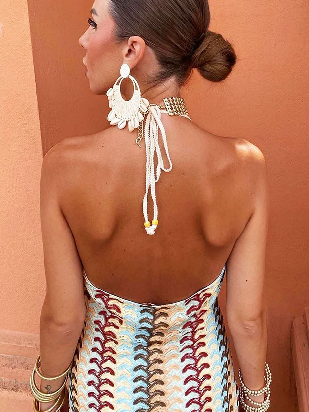 Vestido Backless Boho Padrão Malha Slim-Fit