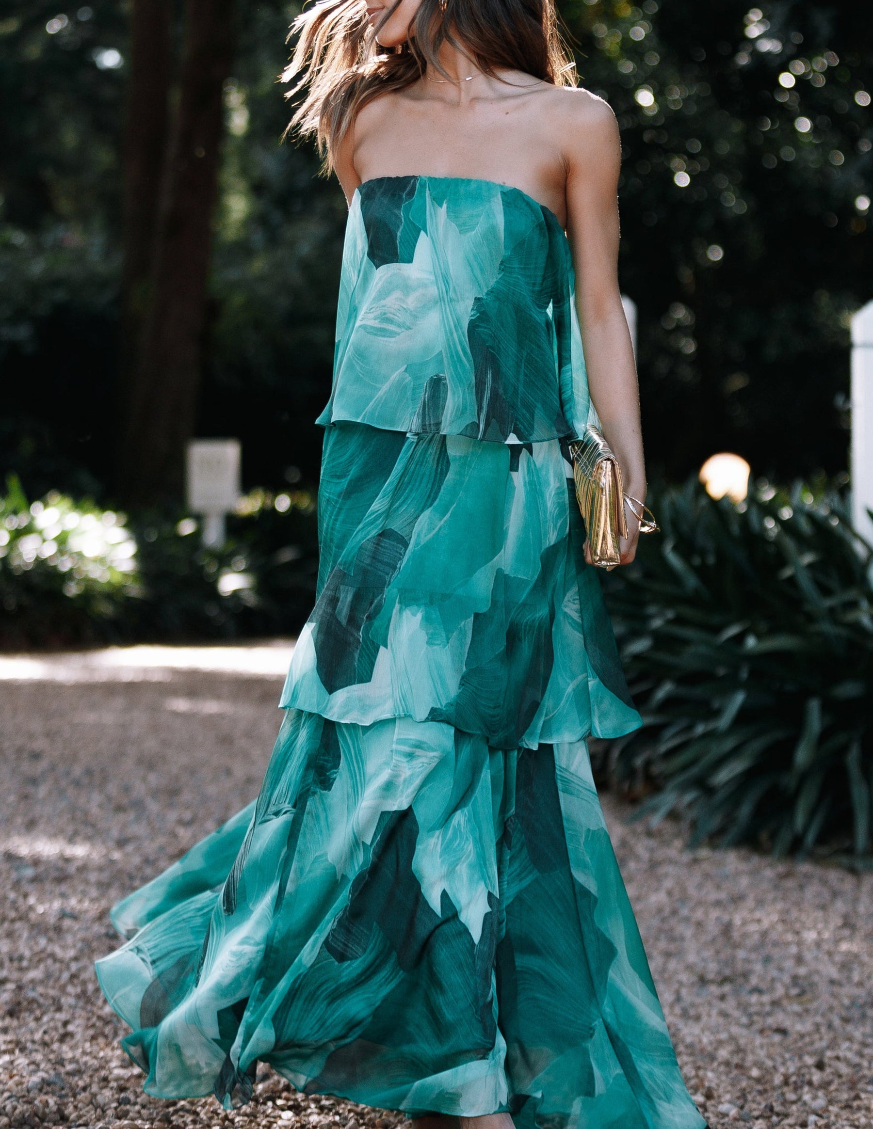 Vestido maxi em camadas sem alças Calista Green Bloom